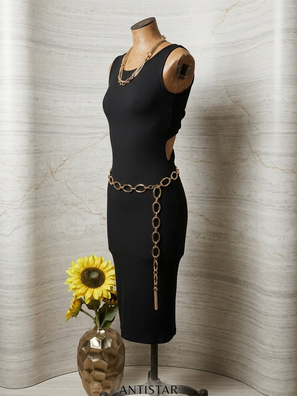 Antistar Black Ribbed Twist-Back Midi Dress Size Small Excellent Condition